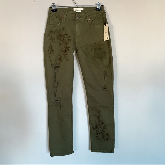 MissMe Vintage • Olive Green, Embroidered Jeans - Picture 2 of 8